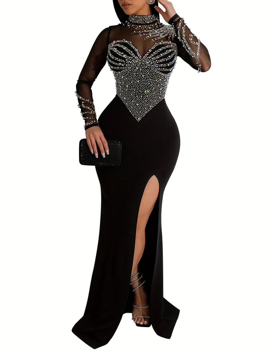 SENGPA Long Sleeve Rhinestone Bodycon Dress - Dazzling Embellishments, Flattering Mock Slit, Elegant Mesh Splicing - Perfect for Womens Formal Events, Parties, and Banquets