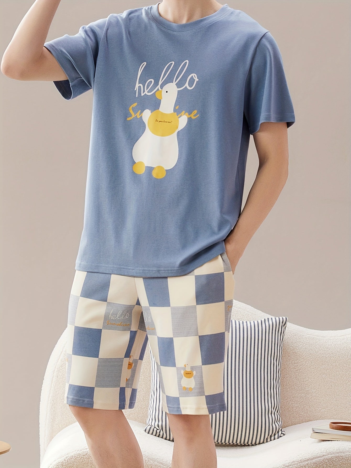 Men's Trendy Casual Comfy Tees & Shorts, Cartoon Duck Graphic Print Crew Neck Short Sleeve T-shirt & Loose Checkered Shorts With Pockets Home Pajamas Sets, Outdoor Sets For Summer