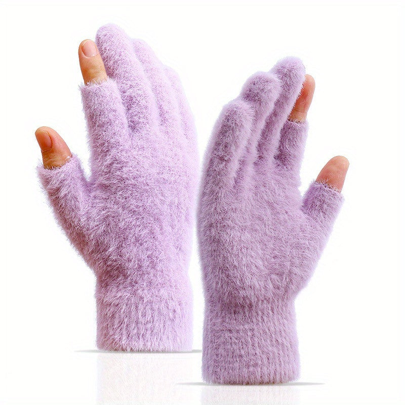 Plus Velvet Thickened Warm Gloves - Soft, Open Fingers Design for Convenient Touch Screen, Coldproof, and Comfortable Writing Experience for Women in Winter