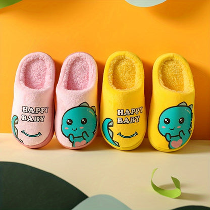 Happy Baby Cartoon Dinosaur Slippers for Kids: Soft Fleece, Rubber Sole, and Adorable Design for Boys and Girls Aged 14 and Under