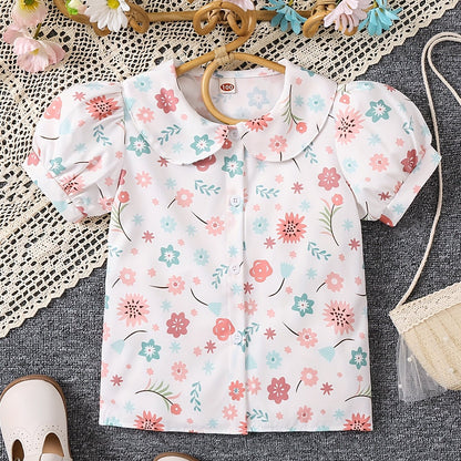 Cute Girls Ditsy Floral Lapel Collar Short Sleeve Shirt - Loose Fit, Non-Stretch Polyester, Hand Wash Only, Perfect for Spring and Summer - Adorable Blouse for Little Ladies