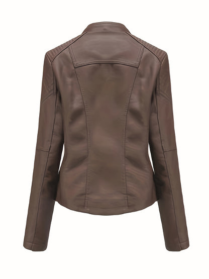 TRIPSIX Women's Sleek Faux Leather Jacket - Casual Zip-Up Biker Coat with Lapel Collar, Perfect for Outdoor Activities & Motorcycling