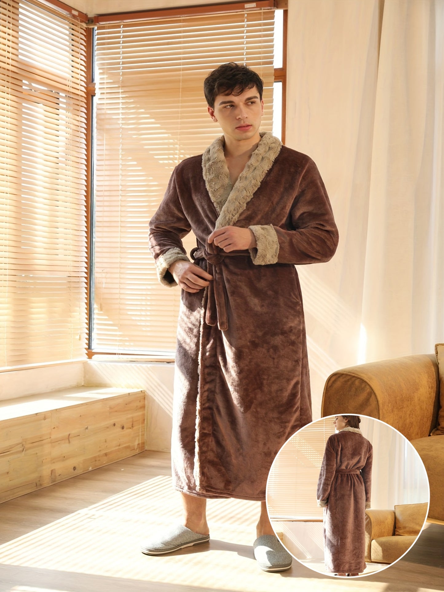 Men's Comfy Solid Fleece Robe Lapel Collar Home Pajamas Wear With Pocket One-piece Lace Up Kimono Night-robe Warm Sets After Bath