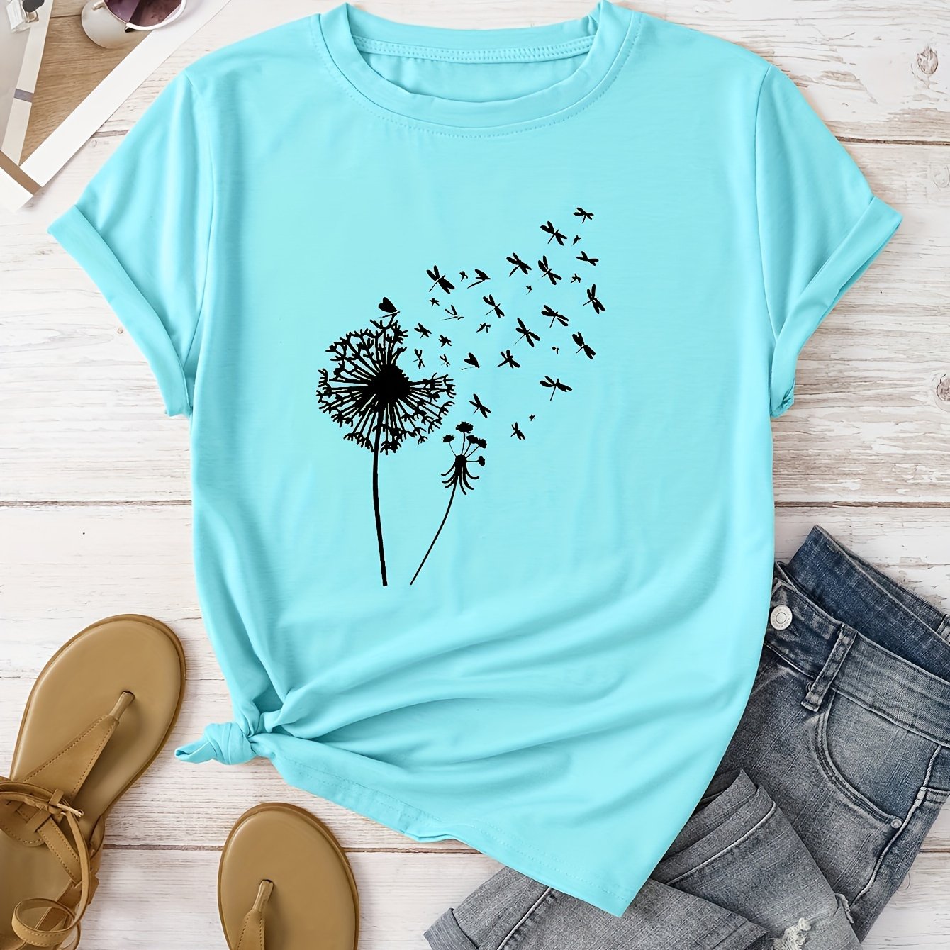 Vibrant Dandelion Print Crew Neck T-Shirt - Soft Micro Elasticity Polyester Fabric, Casual Short Sleeve Top for Spring & Summer, Womens Regular Fit Clothing with Random Plant Pattern