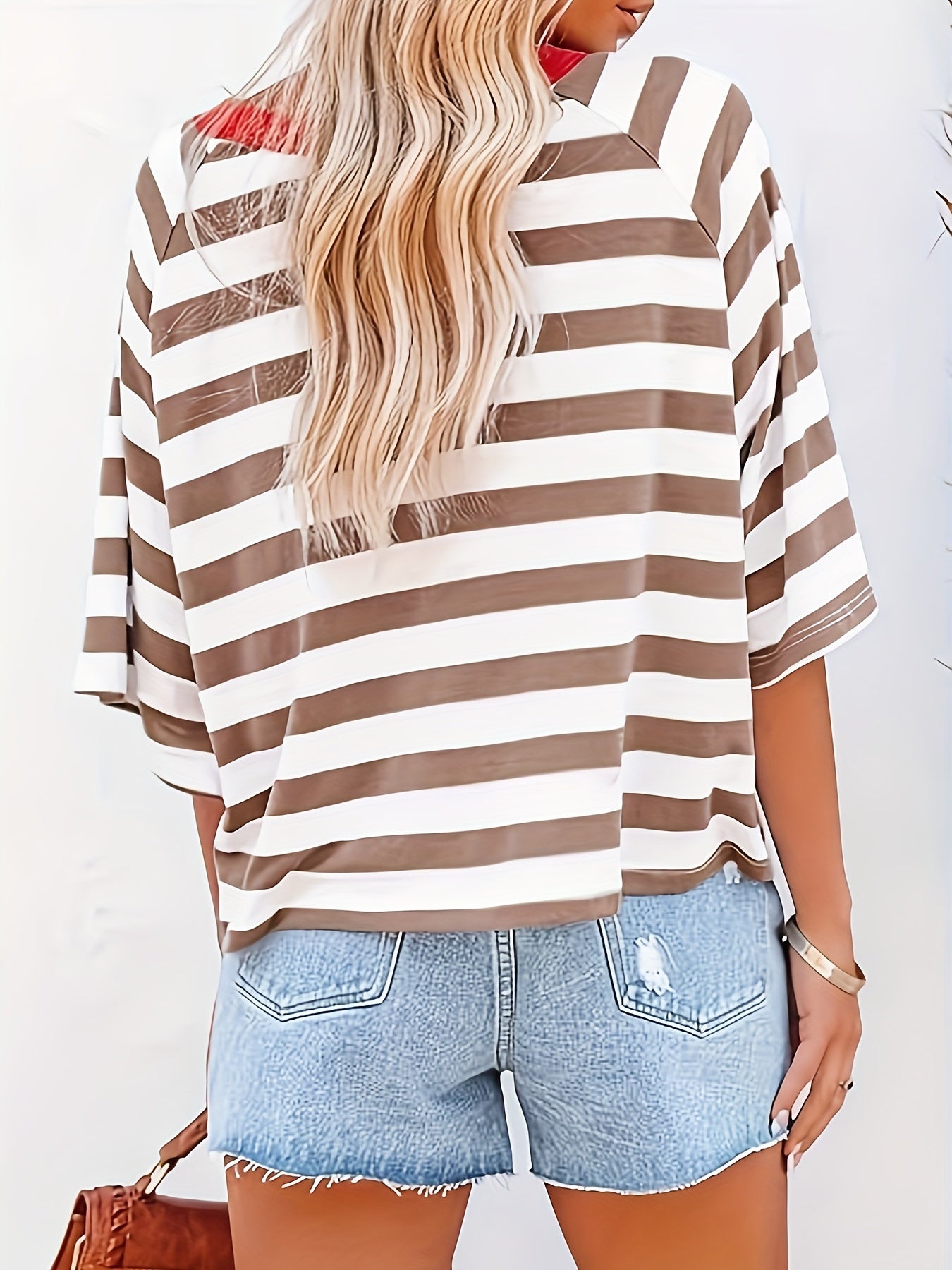 Short Sleeve Striped Raglan T-Shirt - Loose Fit, Medium Stretch, Crew Neck, Half Sleeve, Summer Fashion - Machine Washable, Polyester Knit Fabric, Y2K Style, Random Printing