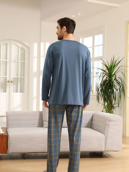 Men's Cozy Plaid Pajama Set - Long Sleeve & Pants, Round Neck Pullover, Casual Loungewear for Spring/Fall, Machine Washable