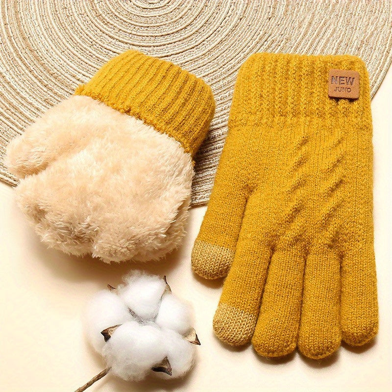 Plus Velvet Thickened Double-Layer Knitted Gloves - Cold Weather Gloves with Touch Screen Function, Short Elastic Cuff, Solid Color, Coldproof and Warm for Winter