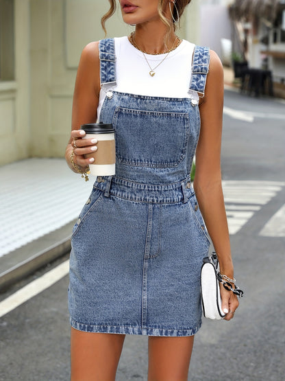 Bold Blue Womens Denim Dress with Fashionable Slash Pockets - Flattering Single-Breasted Design & Comfortable Non-Stretch Fabric - A Versatile Wardrobe Staple for Chic Style