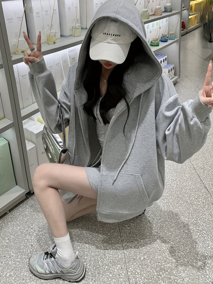 Cozy Solid Kangaroo Pocket Hoodie - Zipper Front, Drawstring Hood, Long Sleeve, Loose Fit, Micro Elasticity, Machine Washable, Perfect for Spring and Fall Season