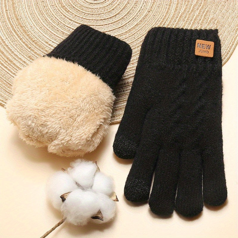 Plus Velvet Thickened Double-Layer Knitted Gloves - Cold Weather Gloves with Touch Screen Function, Short Elastic Cuff, Solid Color, Coldproof and Warm for Winter