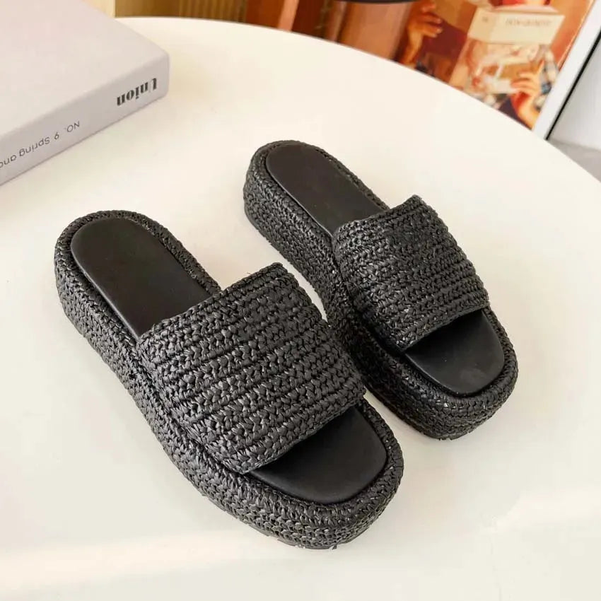 Women Designer Sandals Fashion Straw Sandal Platform Slippers Leather Slip-on Pool Slides Thick Heels Summer Beach Sandles Brown Black White Size 35-42