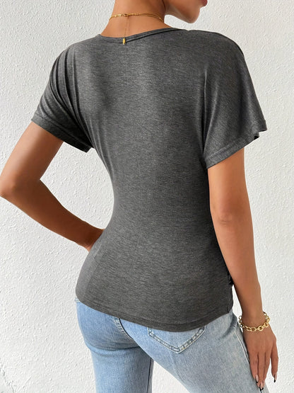 Vibrant Solid Color V-Neck Asymmetrical Ruched T-Shirt - Soft Micro Elastic Polyester Fabric, Casual Short Sleeve Slim Fit, Perfect for Summer & Spring - Womens Regular Length Knit Top