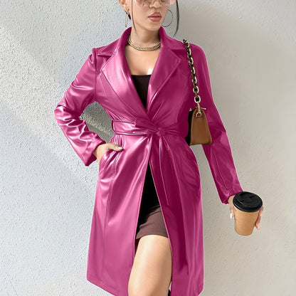 Elegant Chic Bomber Jacket – Women's Long Sleeve Solid Lapel Coat with Knotted Detail, Comfortable for All Seasons