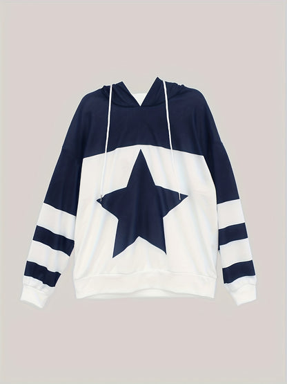 Star Print Color Block Hoodie, Casual Long Sleeve Drawstring Hoodies Sweatshirt, Women's Clothing