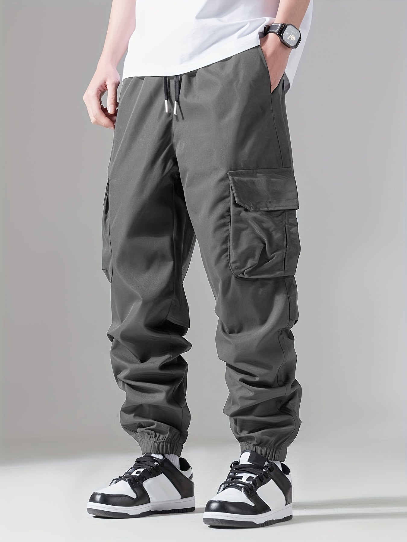 Mens Comfortable Loose Fit Cargo Joggers - Stylish Multi-pocket Drawstring Pants with Adjustable Waist - Perfect for Spring, Fall Outdoor Adventures