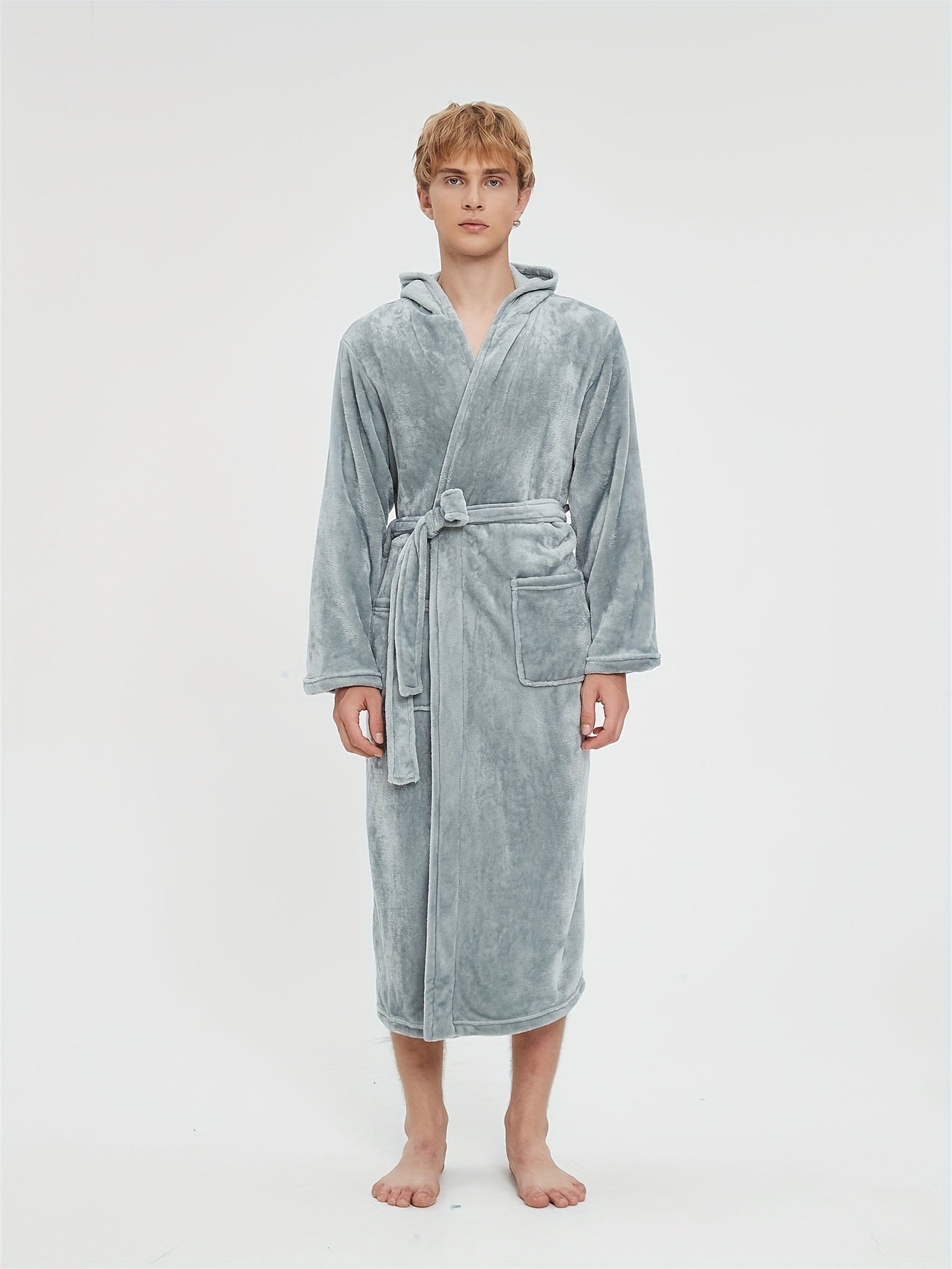 Ultra-Soft Men's Fleece Robe - Comfy Hooded Pajamas with Pocket, Hair Dry Hat, and Kimono Design for Cozy Nightwear After Bath or Lounging at Home