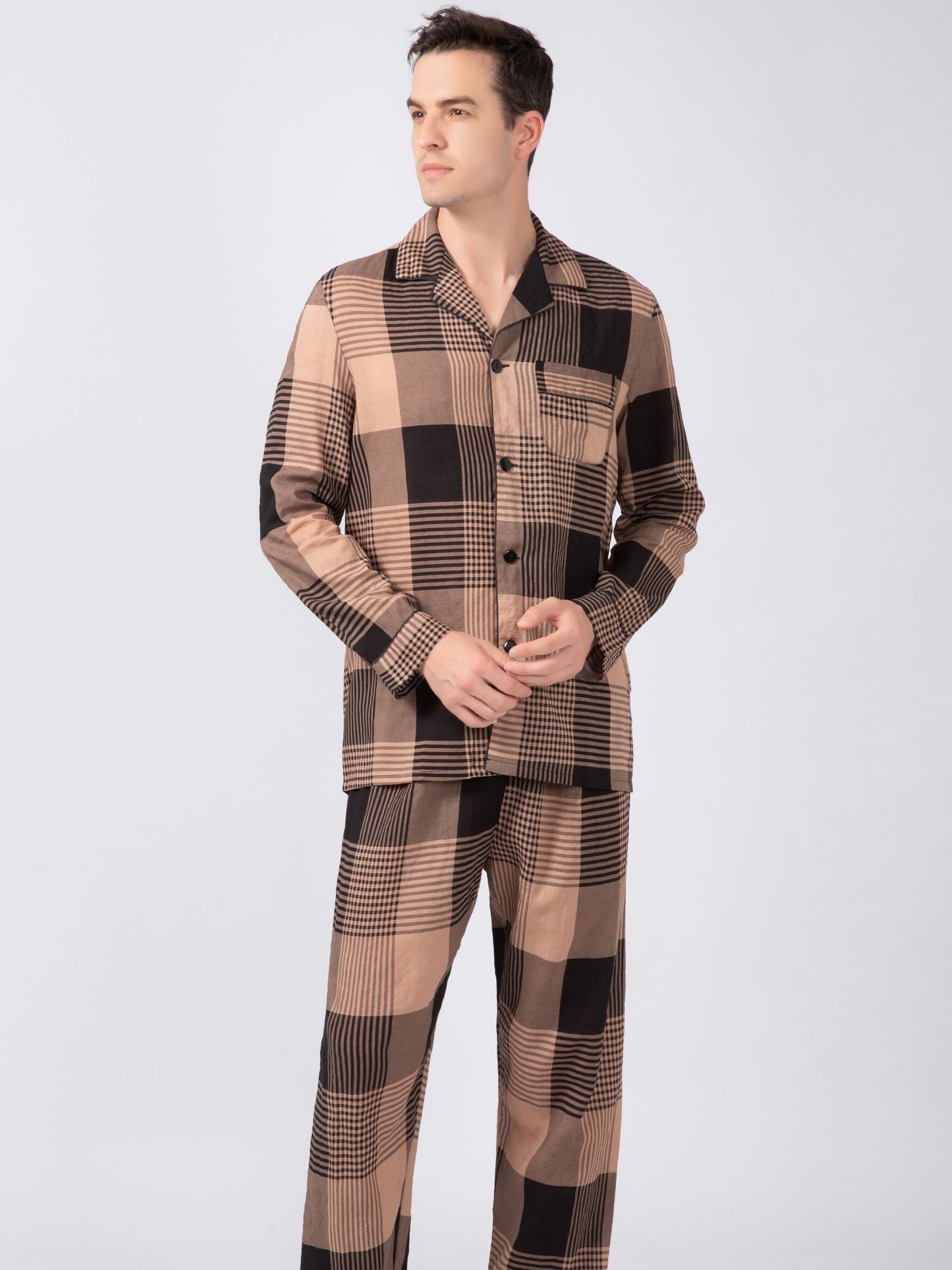 Men's Casual Plaid Pajamas Sets, Long Sleeve Lapel Neck Shirt & Loose Pants Lounge Wear, Home Indoor Sets For Winter Autumn