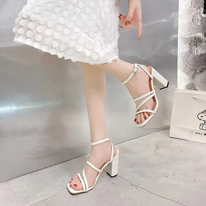 Dress Shoes Fashionable Summer Womens Sandals  New White High Heel Square Toe Bracelet Elegant Short and Fat H240527 HY85