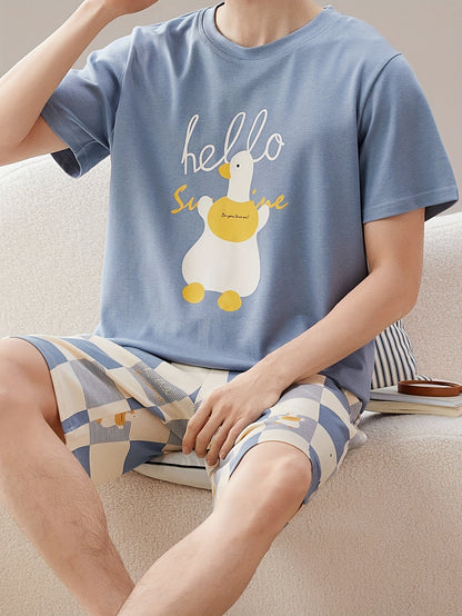 Men's Trendy Casual Comfy Tees & Shorts, Cartoon Duck Graphic Print Crew Neck Short Sleeve T-shirt & Loose Checkered Shorts With Pockets Home Pajamas Sets, Outdoor Sets For Summer