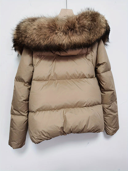 Plus Size Luxurious Fur Trim Hooded Down Jacket - Water-Resistant, Ultra-Warm, and Lightweight - Casual Long Sleeve Zipper Jacket for Winter, Women's Plus Size Clothing for Cold Weather