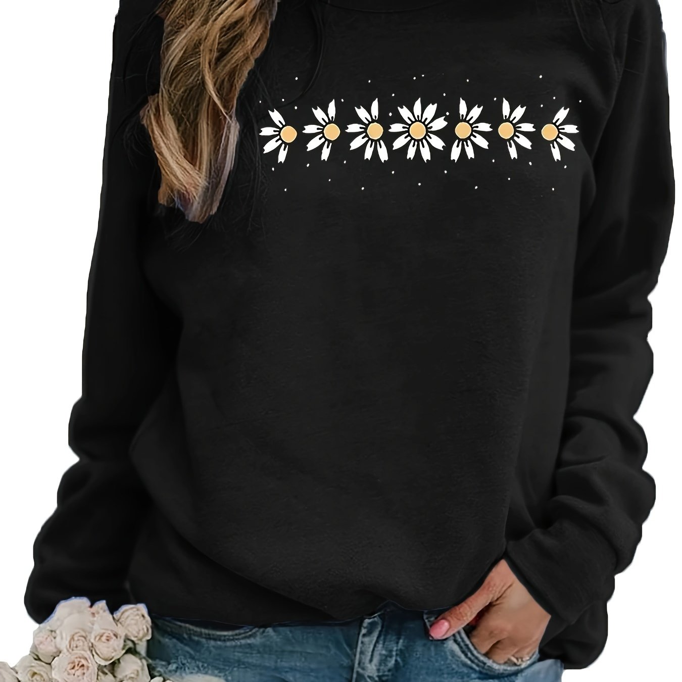 Long Sleeve Crew Neck Floral Print Casual Sweatshirt - Soft Cotton, Slight Stretch, Micro Elasticity, Raglan Sleeve - Perfect for Daily Wear in Spring, Summer, and Fall