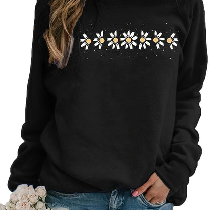 Long Sleeve Crew Neck Floral Print Casual Sweatshirt - Soft Cotton, Slight Stretch, Micro Elasticity, Raglan Sleeve - Perfect for Daily Wear in Spring, Summer, and Fall