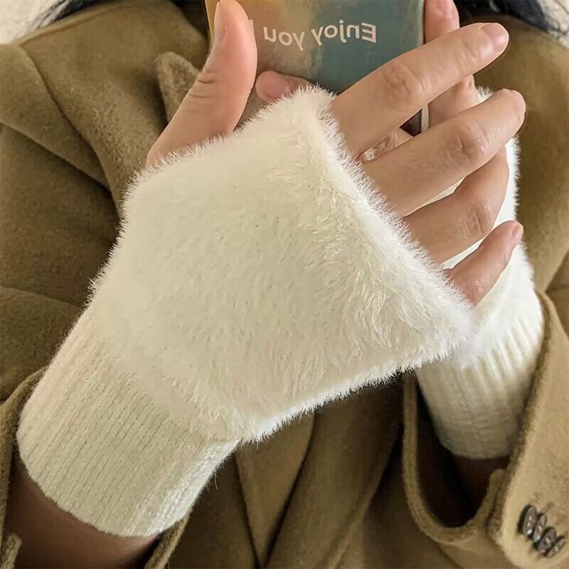 1 Pair Women's Solid Color Fingerless Fuzzy Gloves, Winter Versatile Warm Gloves For Outdoor Activities