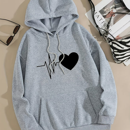 Casual Chic Heart Print Knit Hoodie - Women's Comfy Alphabet Pattern Top for Fall/Winter, Easy-Care & Stretchy