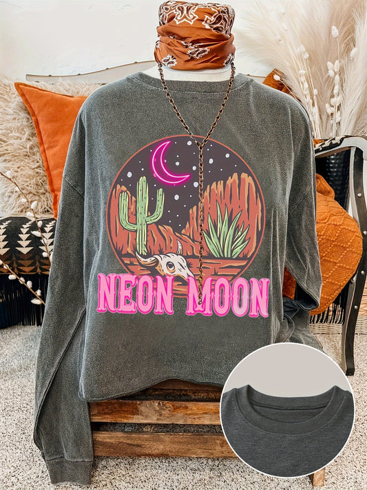 Womens Neon Moon Graphic Sweatshirt - Soft Cotton Blend, Crew Neck, Casual Chic - Perfect for Fall & Spring Lounging