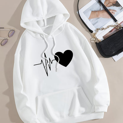 Casual Chic Heart Print Knit Hoodie - Women's Comfy Alphabet Pattern Top for Fall/Winter, Easy-Care & Stretchy