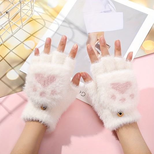 Cute Cat Paw Fuzzy Lined Mitten Gloves - Soft, Warm, Flip-Up, Fingerless, Winter Gloves with Aesthetic Design