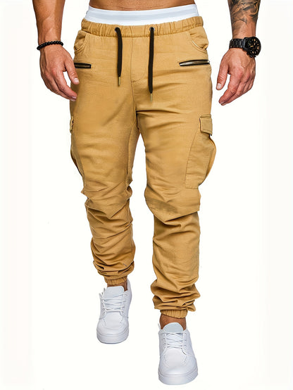 Men's Comfort-Fit Cargo Joggers - Drawstring, Stretch, Flap Pocket - Ideal for Spring & Autumn Casual Wear