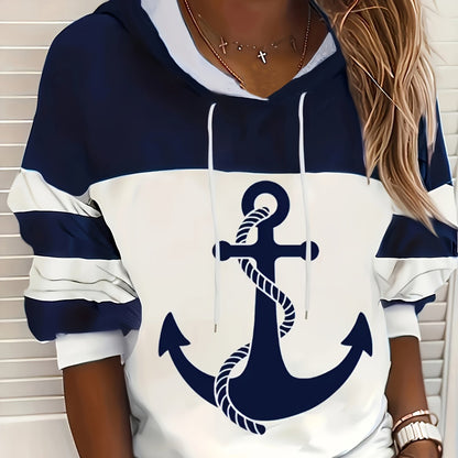 Vibrant Color Block Anchor Print Hoodie - Soft Mid-Elasticity Polyester Knit Fabric, Casual Long Sleeve Drawstring Design, Relaxed Fit, Spring/Summer/Fall Wear, Random Pop Art Print, No Sheer, Womens Clothing