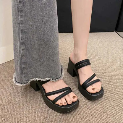 Dress Shoes Womens Sandals Square High Heels Elegant Summer Slippers Crossed Leather  Fashion H240527