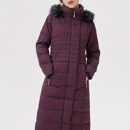 Solid Quilted Button Down Hooded Coat, Casual Slant Pockets Long Sleeve Hooded Maxi Down Coat For Fall & Winter, Women's Clothing