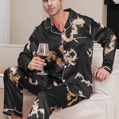 Mens Dragon Print Luxury Pajama Set - Long Sleeve Lapel Shirt & Elastic Pants - Soft Lounge Wear for Spring Autumn - A Stylish Indoor Retreat, Ideal New Year Gift