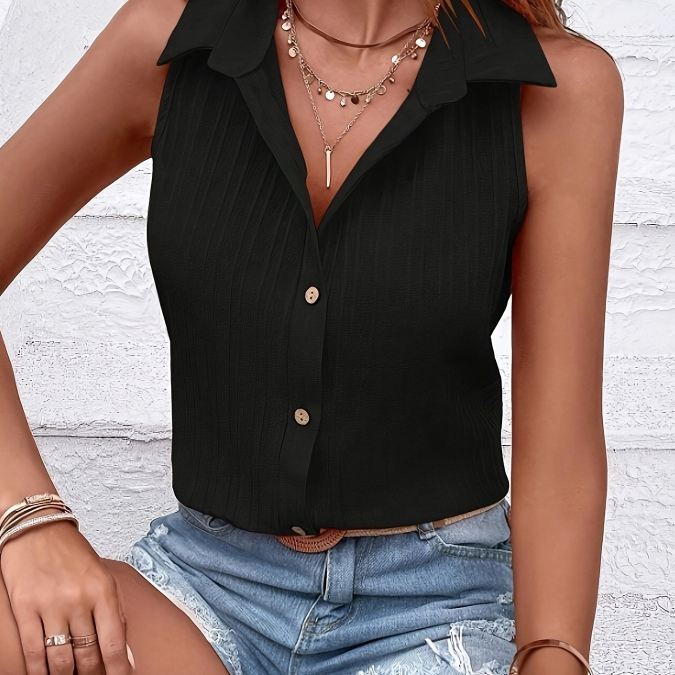 Button Front Collar Tank Top, Casual Sleeveless Textured Top For Summer, Women's Clothing