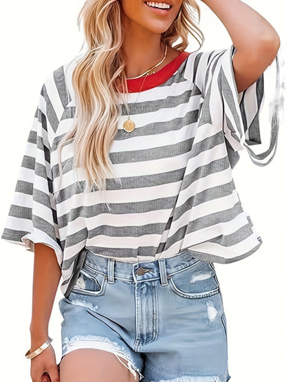 Short Sleeve Striped Raglan T-Shirt - Loose Fit, Medium Stretch, Crew Neck, Half Sleeve, Summer Fashion - Machine Washable, Polyester Knit Fabric, Y2K Style, Random Printing