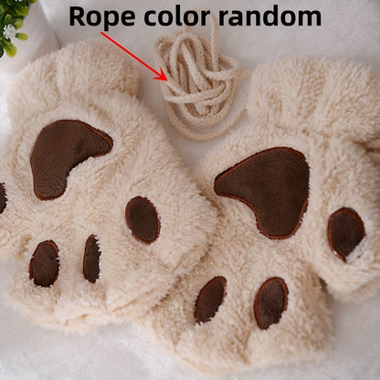 Cute Cat Claw Plush Gloves Stylish Thick Warm Half Finger Gloves Autumn Winter Soft Cozy Fuzzy Gloves