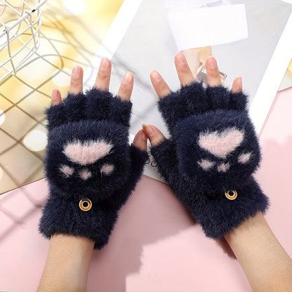 Cute Cat Paw Fuzzy Lined Mitten Gloves - Soft, Warm, Flip-Up, Fingerless, Winter Gloves with Aesthetic Design