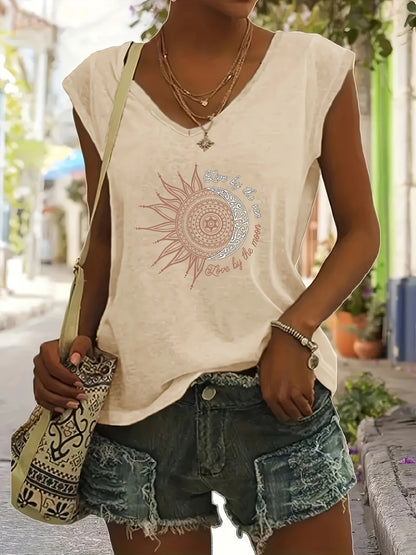 Vibrant Geometric Print V-Neck T-Shirt - Soft Cotton Blend, Micro Elasticity, Regular Length, Casual Style for Spring & Summer - Womens Fashion Essential