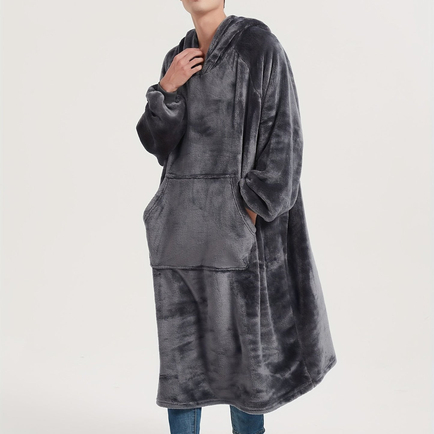 Men's Cozy Flannel Hooded Robe - Extra Long, Solid Color Lounge Wear with Pockets for Autumn & Winter, Machine Washable