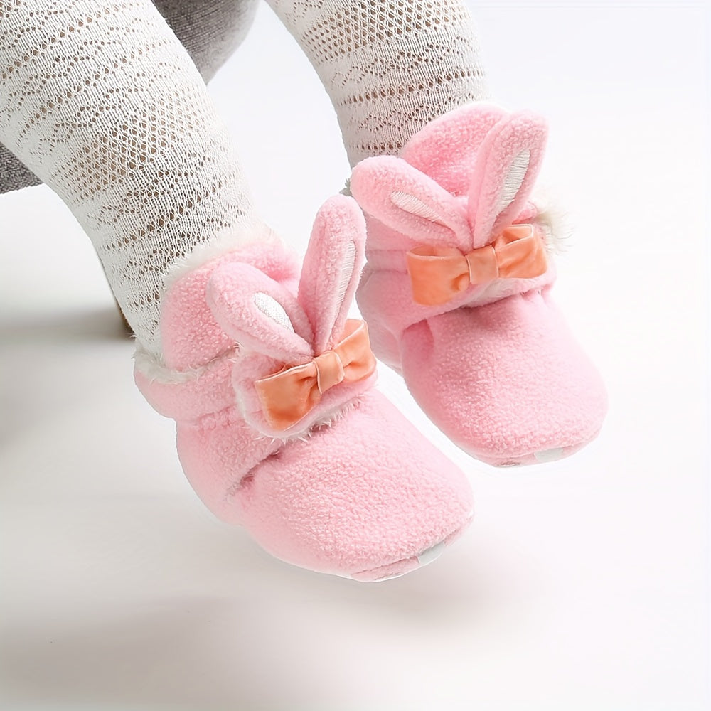 Myggpp Cute Bunny Ear Infant Booties - Casual & Party Ankle-High Walking Shoes with Hook and Loop Fastener, Soft Fabric Upper and Inner Sole, Round Toe, Solid Color with Cartoon Design for Boys and Infants, Suitable for All Seasons