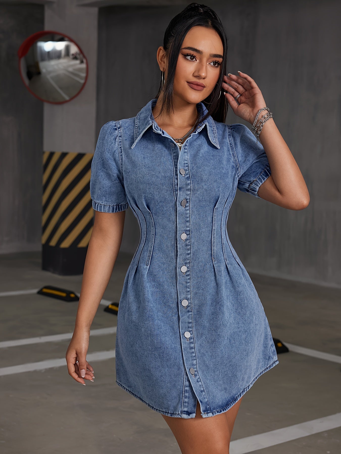 Elegant & Chic Women's Blue Denim Dress - Versatile All-Season Wear with Pleated Detail, Comfort Fit, and Easy Care