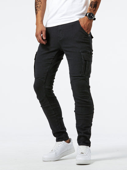 Men's Slim Fit Cargo Jeans - High Stretch Denim Pants with Multiple Pockets for Casual Street Style in Spring and Summer