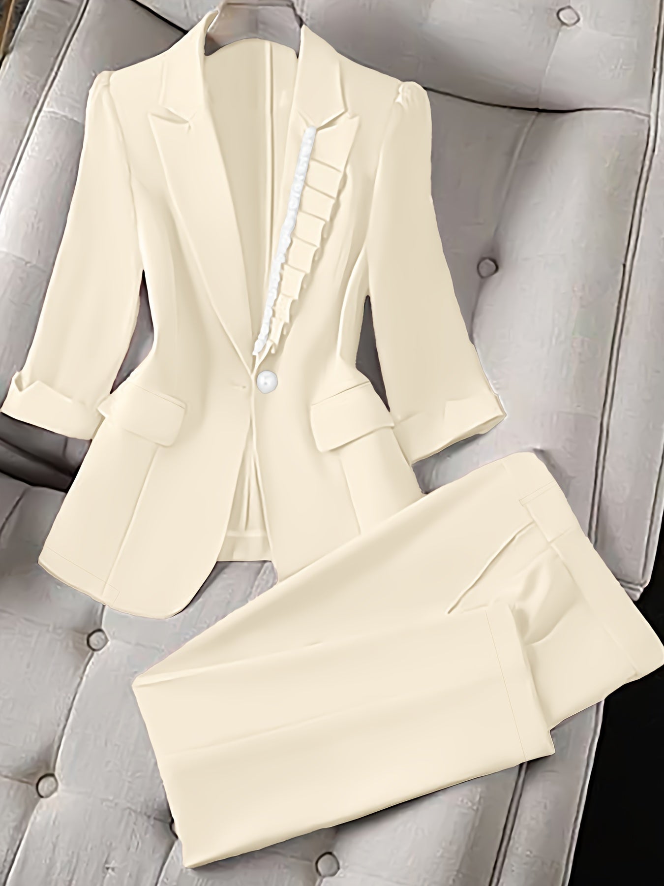 Two-Piece Slim Matching Set - Elegant Lapel Collar Blazer with Fake Pockets and Straight Leg Pants - Micro Elastic Polyester Fabric, Machine Washable, Solid Color, Spring/Fall Season, Woven Construction