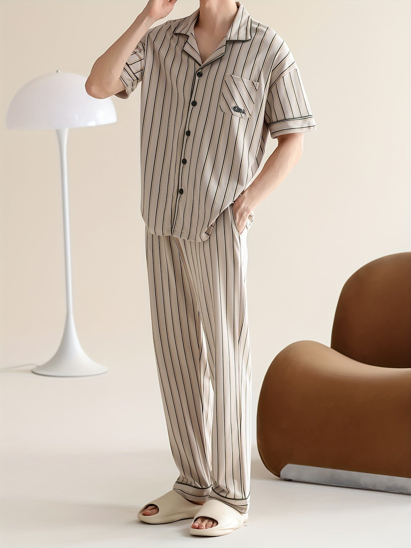 2 Pcs Men's Thin Trendy Stripe Design Open Front Short Sleeve & Trousers Pajama Sets, Comfortable & Skin-friendly Style Pajamas For Men's Cozy Loungewear