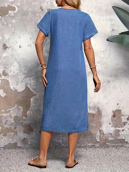 Plain Washed Blue Split Front Short Sleeve Patch Pocket Simple Elegant Midi Denim Dress, Women's Denim Jeans & Clothing