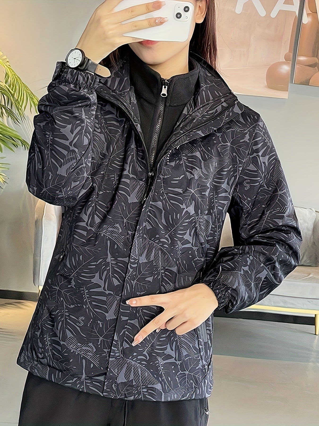 Waterproof Windbreaker Jacket for Women - High Neck, Zipper Placket, Long Sleeve, Leaf Print Graphic, Pockets, Breathable Polyester Fabric - Ideal for Outdoor Climbing, Hiking, and Weekend Casual Wear