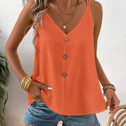 Button Front V Neck Cami Top, Elegant Solid Double Spaghetti Strap Sleeveless Top For Spring & Summer, Women's Clothing